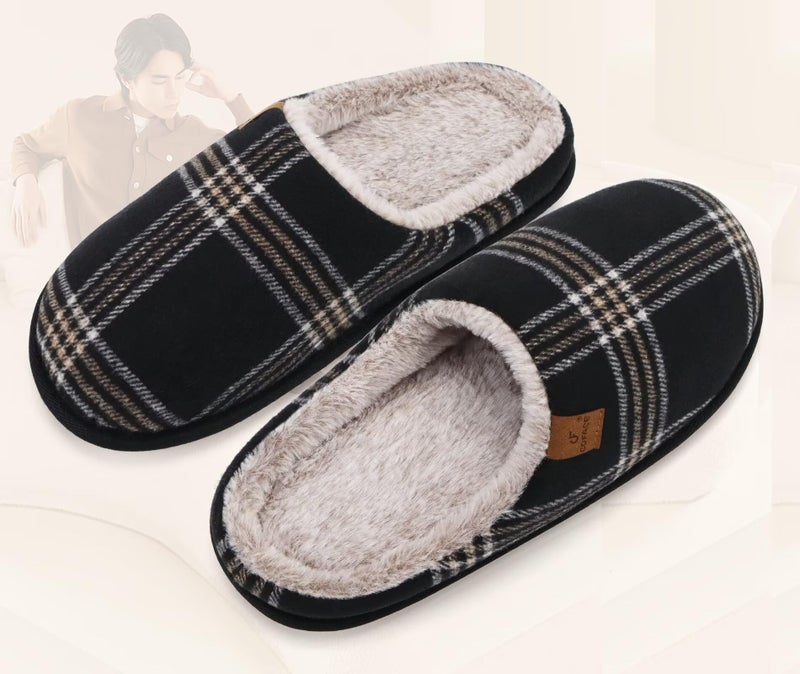 COFACE Mens Black Flano Plaid Cozy Memory Foam scuff Slippers Slip On Warm House Shoes Indoor/Outdoor With Best Arch Support Size 9 - Image 5